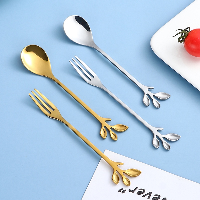 Bộ Muỗng Nĩa Ăn Tráng Miệng Hình Chiếc Lá Bằng Thép Không Gỉ Dễ Thương Xinh Xắn