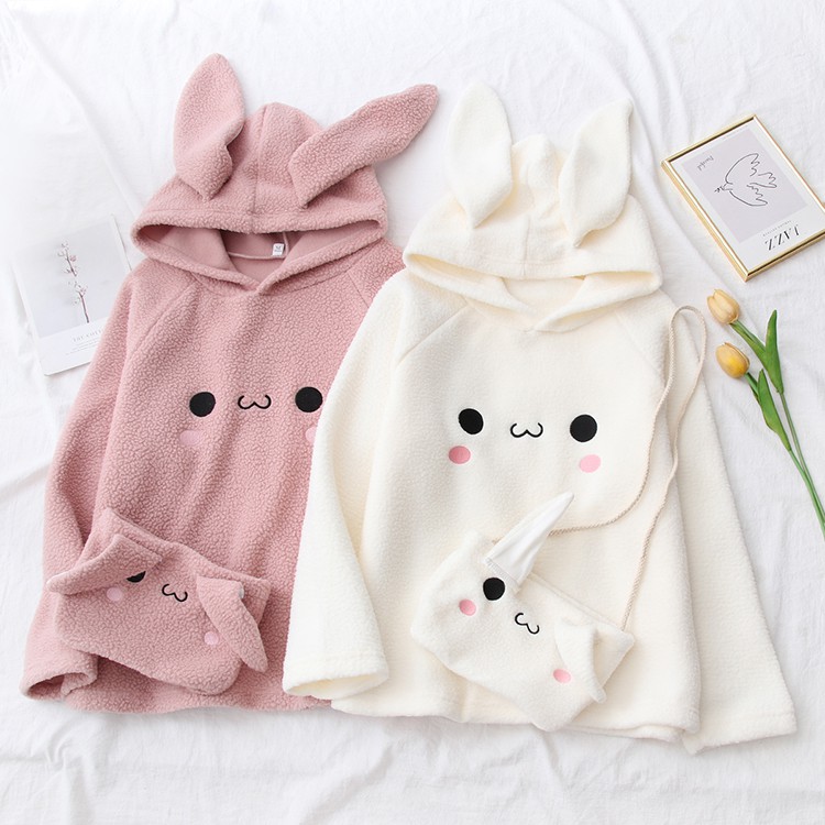 [ORDER] Áo Hoodie tai thỏ thêu họa tiết cute_Kèm túi đeo chéo - Mùa đông