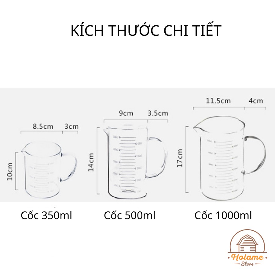 Cốc chia vạch, cốc chia vạch pha sữa bằng thủy tinh có miệng rót kèm nắp gỗ - 350ml; 500ml & 1000ml