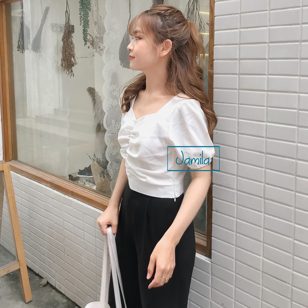 [Đồ thiết kế] Set áo croptop nhúm ngực & quần suông culottes màu đen | BigBuy360 - bigbuy360.vn
