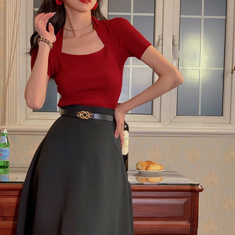 Áo Dệt Kim Tay Ngắn Trễ Vai Phong Cách Retro Hong Kong Cho Nữ