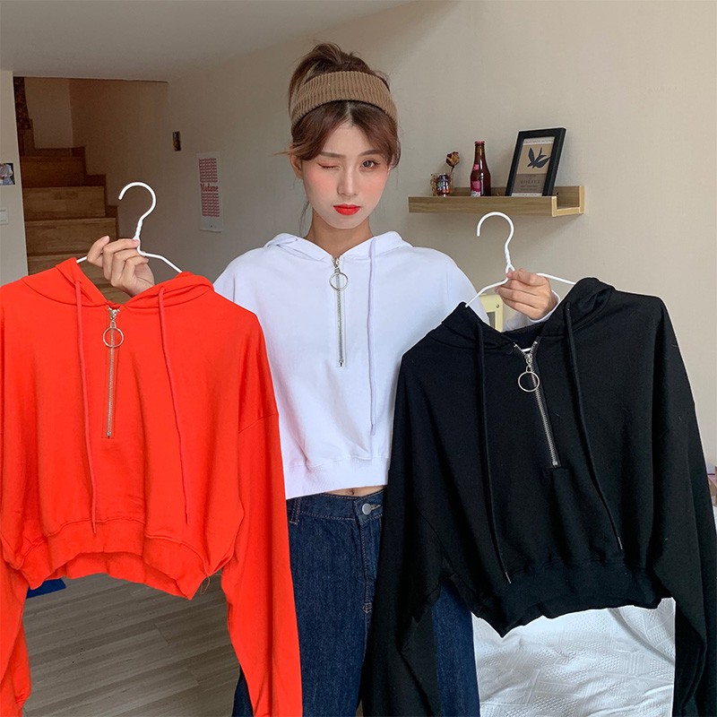 Áo hoodie màu trơn phối khóa kéo cổ chữ V thời trang năng động cho nữ