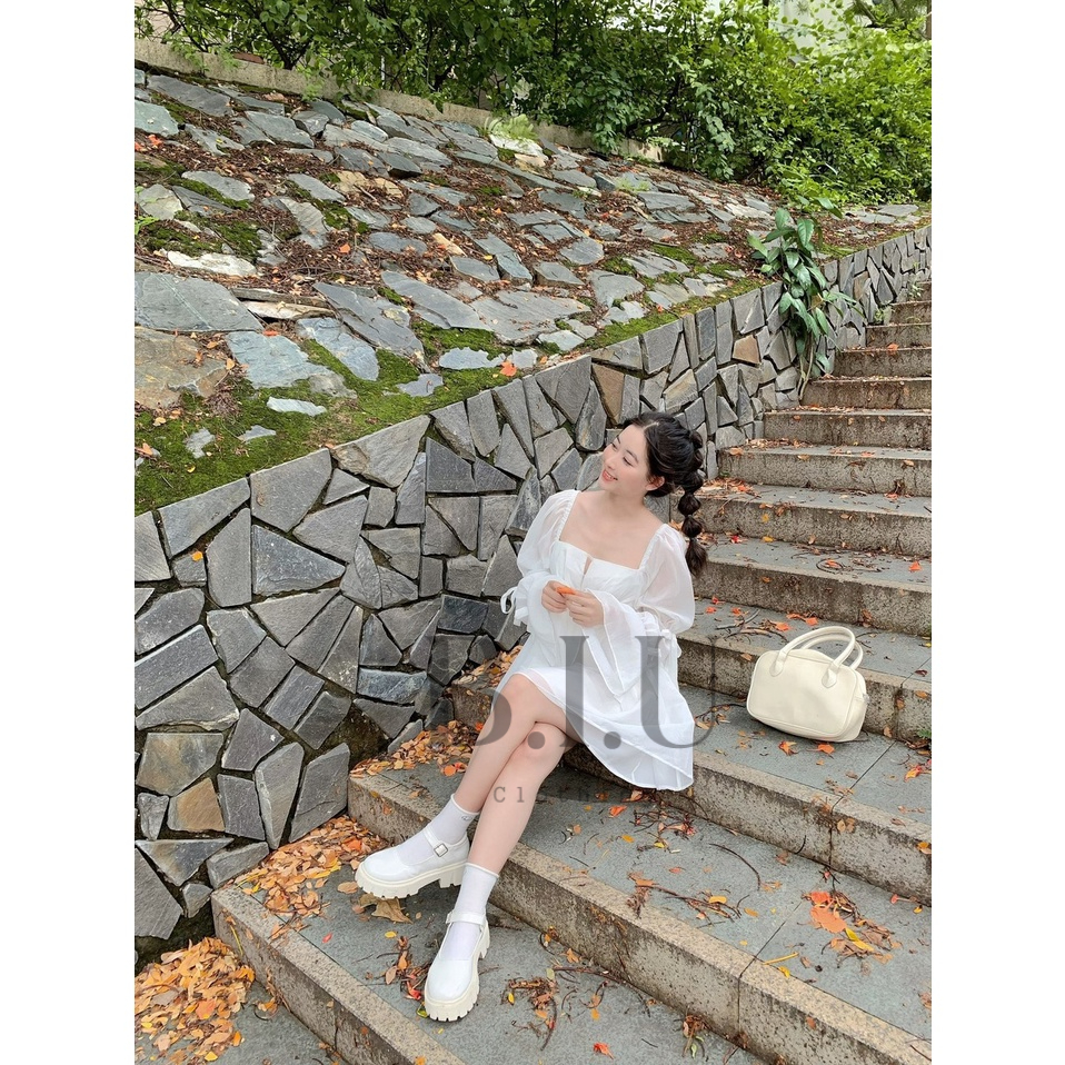 Đầm xòe tay dài loe baby doll nơ khoét ngực lolita chất phi phối voan 2 lớp Weeni dress trắng BB0041 BIU Clothing