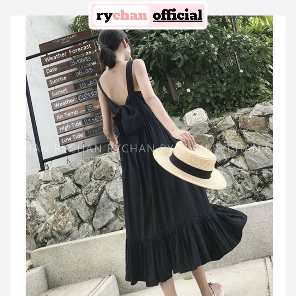 Đầm Nữ Du Lịch Biển Dáng Dài Xòe Hai Dây Hở Lưng Nơ Sau Cực Tôn Dáng Màu Đen [ẢNH THẬT CUỐI] - DX9757