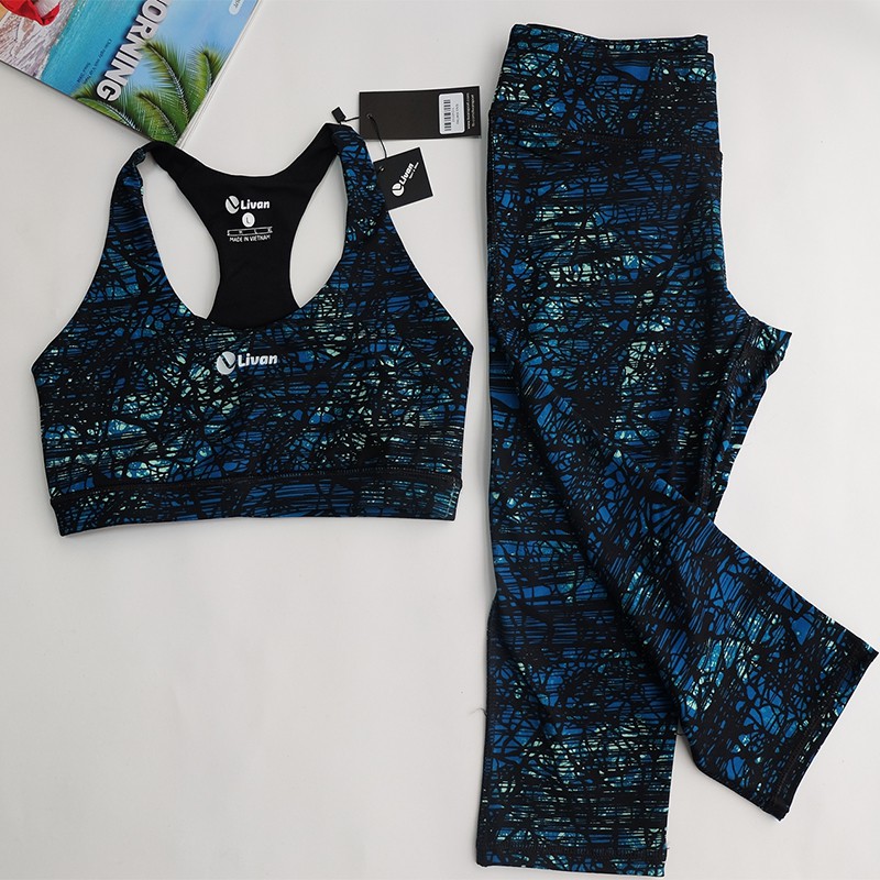 Bộ thể thao gym yoga thể quần lửng áo Bra xanh đen (Livan)