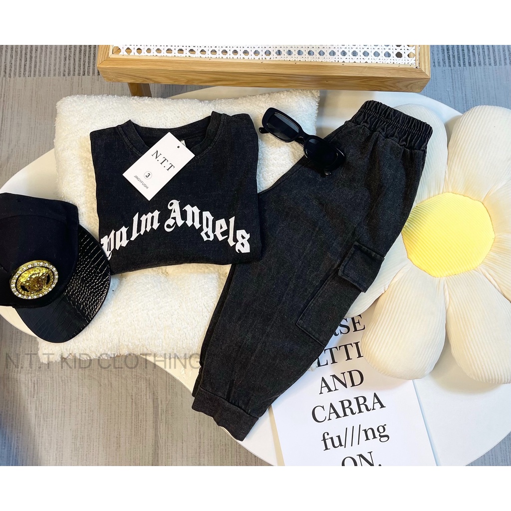 Quần áo thu đông bé trai, set bộ quần áo jean wash dày dặn, mềm mại túi hộp cho bé