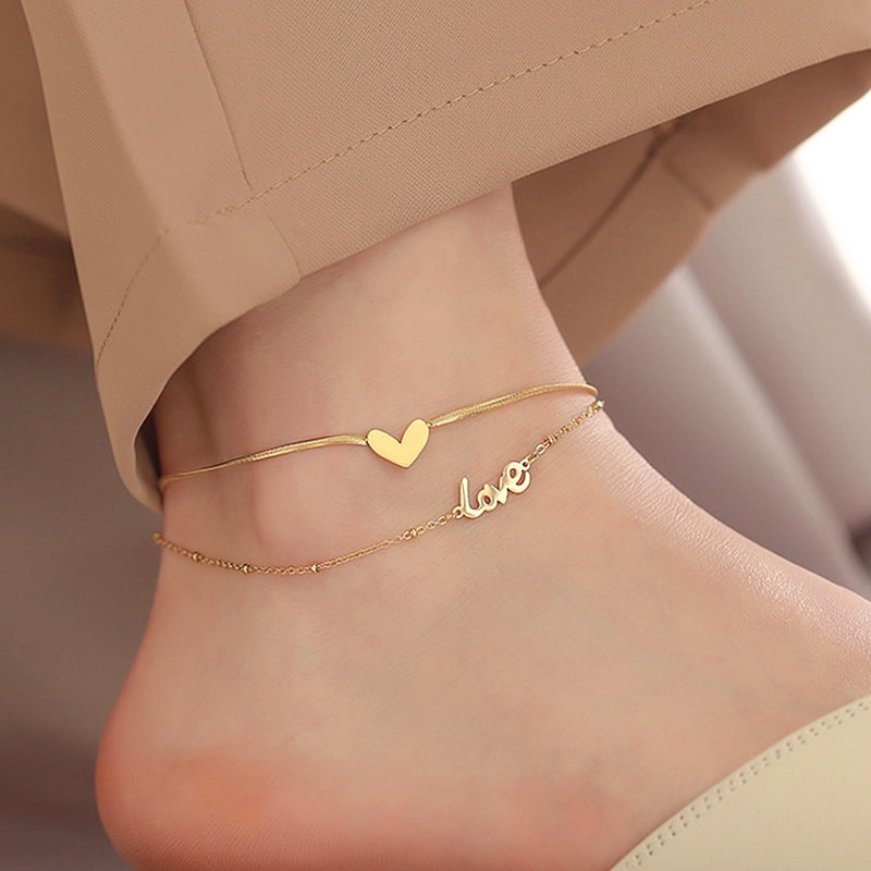 lắc chân nữ Trái tim bằng vàng Titan Vòng chân đeo chân không gỉ Phụ kiện trang sức Hàn Quốc