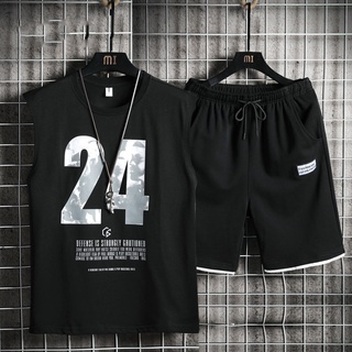 Bộ quần áo thun nam mùa hè áo thun ba lỗ sát nách in số 24 kết hợp quần shorts đùi lưng chun có túi mẫu trơn basic fashi