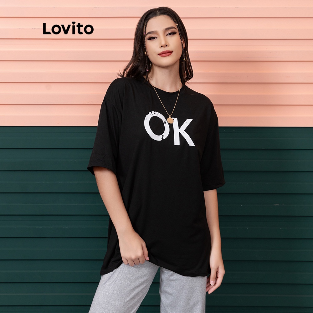 Áo thun Lovito đơn giản in chữ cổ tròn kiểu cơ bản L06996 (màu đen) - HÀNG MỚI VỀ