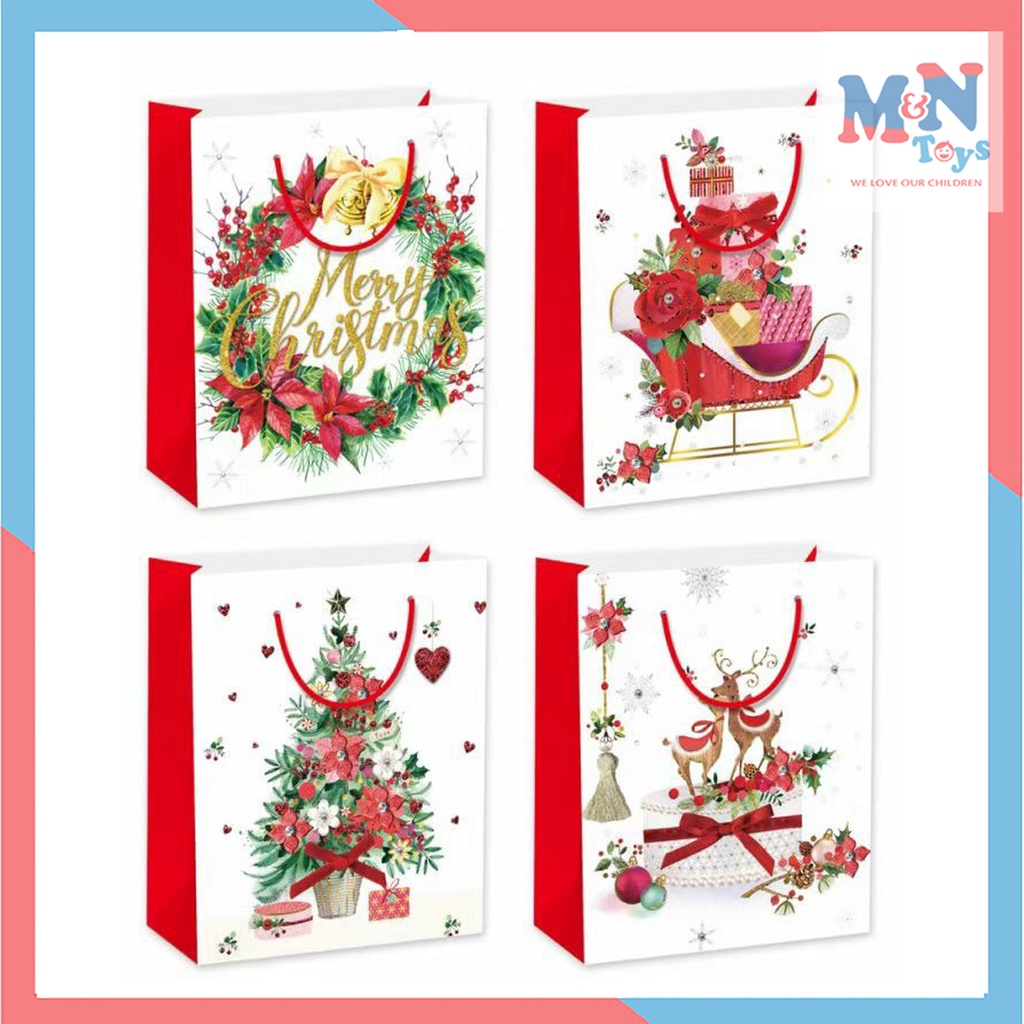 Túi giấy cao cấp đựng quà Noel phủ nhũ lấp lánh 24cm x 18cm trang trí Giáng sinh và làm quà tặng M3