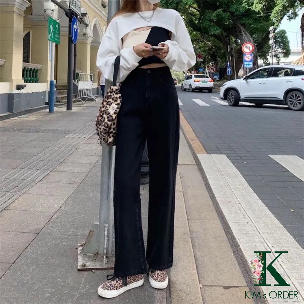 Quần jean nữ màu đen trơn ống suông basic Ulzzang cạp lưng cao đi học đi làm đi chơi chất co dãn nhẹ loại 1