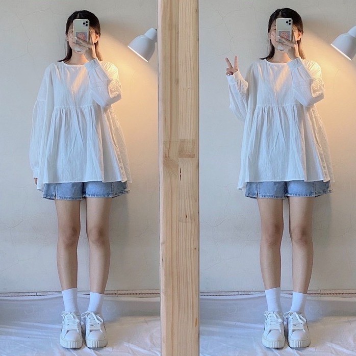 Áo babydoll thô đũi dài tay nơ lưng, áo kiểu ulzzang xinh xắn form rộng