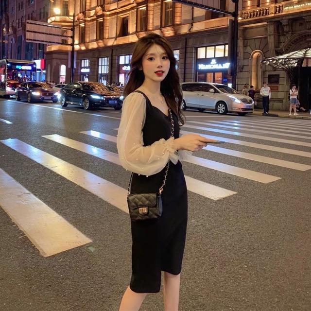 (Order) sz S-4XL Đầm cổ tim phối tay ren sang chảnh
