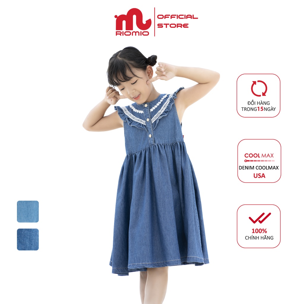 Váy jean bé gái 3-11 tuổi (15-40kg) dáng suông RIOMIO cổ phối ren 100% cotton USA cao cấp cho bé - RO216
