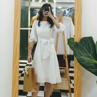 váy trắng basic cổ tròn thắt nơ eo kèm ảnh thật MS12 SẴN SIZE S, M