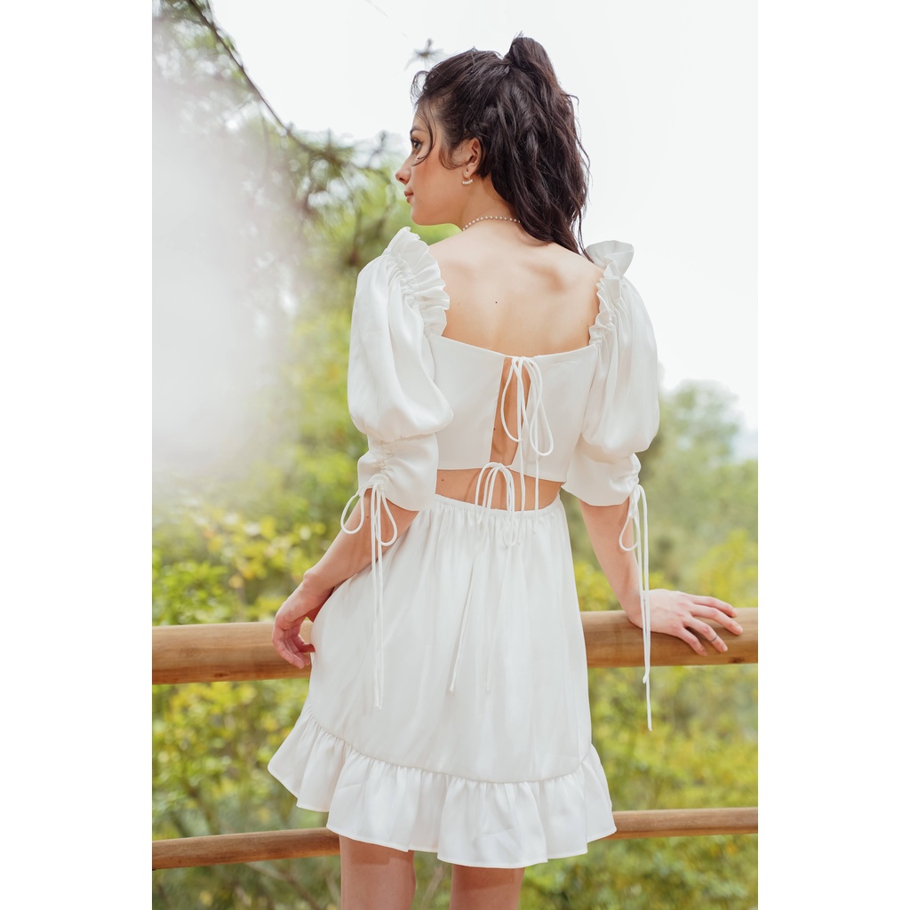 Váy liền nữ Méo shop tay bèo nhún cổ vuông cúp ngực tay lỡ Lindy