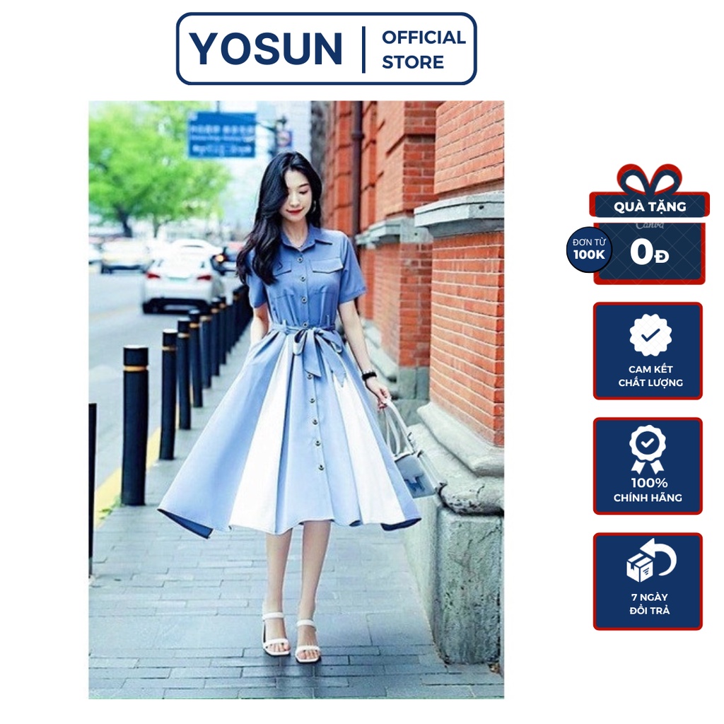 Đầm Dáng Dài Xòe Cổ Sơ Mi Nắp Túi Trước Xinh Xẻo, Đầm Tay Ngắn Nút Trước Cột Nơ Màu Xanh Phối Trắng