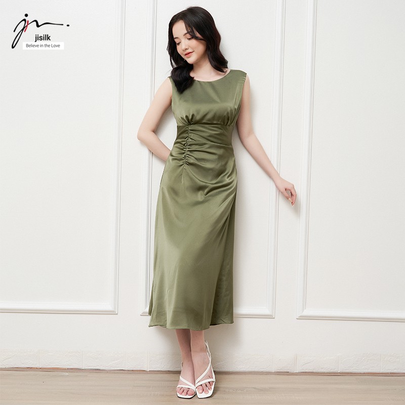 Váy công sở liền dáng dài, đầm lụa trơn sát nách cổ tròn Hàn Quốc (2 bản ngắn-dài phù hợp) Elegant L.VA0-01 - jisilk | BigBuy360 - bigbuy360.vn