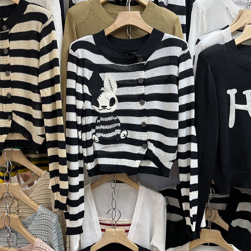 Áo Cardigan Dệt Kim Tay Dài Kẻ Sọc Thêu Hình Thỏ Phong Cách Hàn Quốc Thời Trang Mùa Thu Cho Nữ