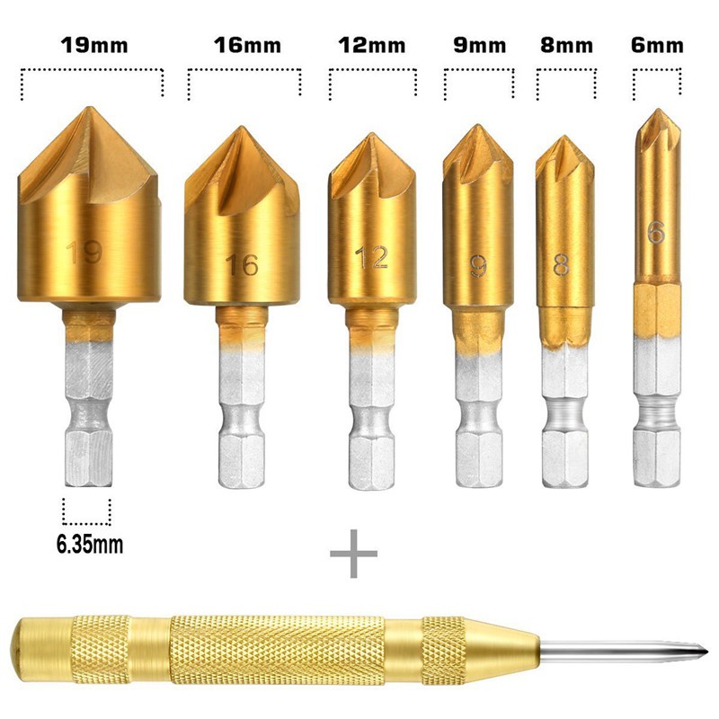 1set Countersink Drill Bits Center Punch Tool Set & 4 Pieces of Woodworking Trimming  1/4 Shank Bit