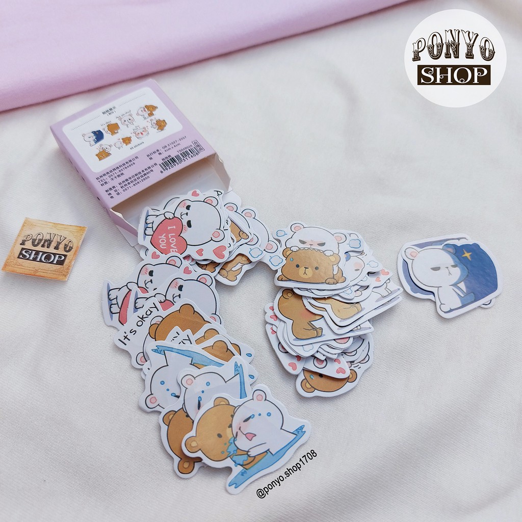 🐻🐼 Hộp 45 sticker nhãn dán Bear Couple trang trí Scrapbook