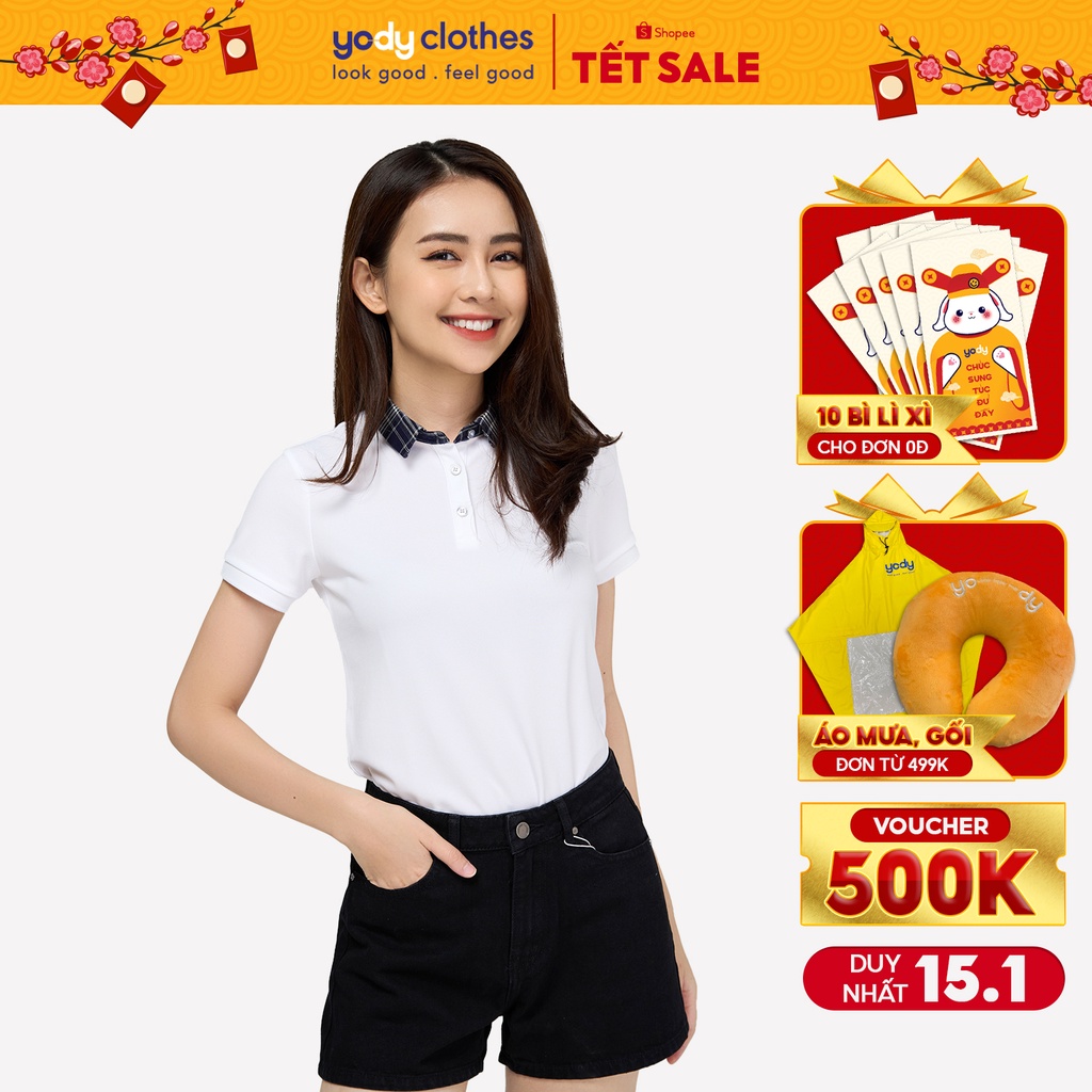 [Mã WABRYODY1 giảm 10% đơn 250K] Áo polo nữ YODY phối cổ kẻ sơ mi trẻ trung phù hợp đi làm, đi chơi APN4386