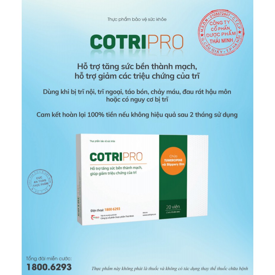 COTRIPRO - Viên uống tăng sức bền thành mạch, giảm các triệu chứng của trĩ (hộp 20 viên)
