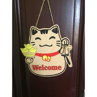 Bảng Gỗ Mèo Thần Tài Welcome Treo Trang trí Cửa Hiệu
