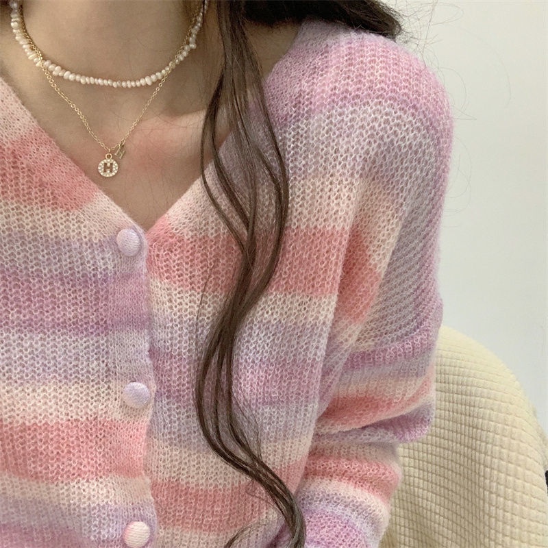 Áo Khoác Cardigan Dệt Kim Mỏng Tay Dài Dáng Ngắn Họa Tiết Kẻ Sọc Màu Xanh Lá Thời Trang Cho