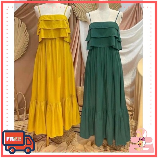 Váy Đi Biển Dáng Dài, Đầm Maxi Đũi Hai Dây Ngực Xếp Tầng Bèo Dáng Dài From Rộng Bầu Mặc Xinh