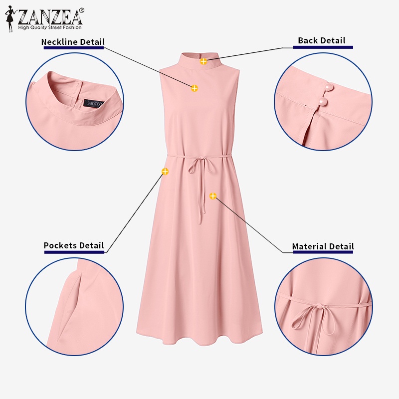 Đầm midi Zanzea không tay cổ đứng màu trơn phong cách Hàn Quốc đơn giản cho nữ