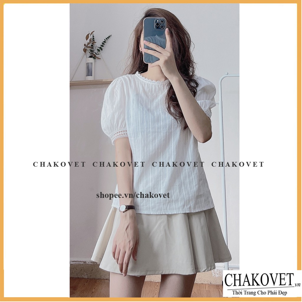Áo sơ mi nữ cộc tay Chakovet, kèm ảnh thật, mẫu áo kiểu nữ Cổ ren tay bồng màu trắng - CA027 freesize &lt;47kg