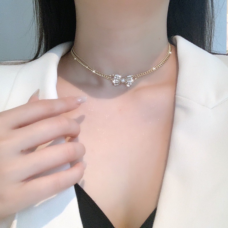 Choker Dây Chuyền Vòng Cổ Hợp Kim 2 Lớp Hình Nơ Đính Đá  Sang Chảnh Thanh Lịch Mainia Shop