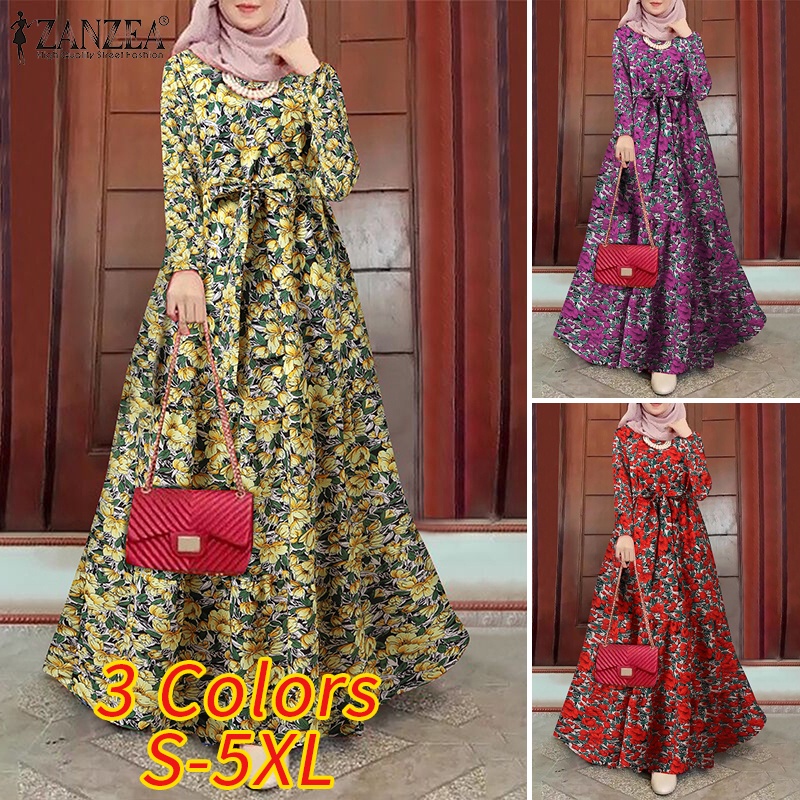 Zanzea Đầm Maxi Dài Tay In Hoa Thanh Lịch Cho Phụ Nữ Hồi Giáo