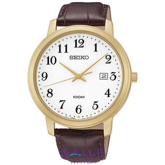 Đồng hồ nam Chính Hãng Seiko SUR114P1 - Dây Da - Mặt Số - 2 Kim Mạng Vàng - Bảo Hành