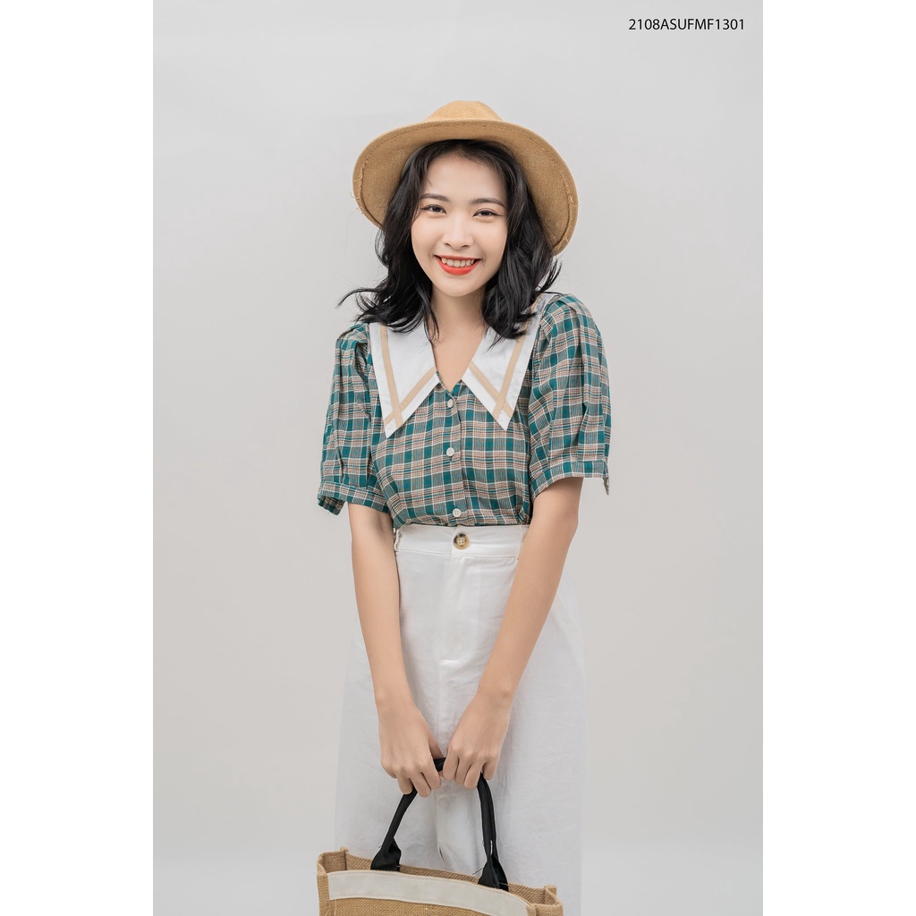 Áo kiểu FM Style họa tiết caro phối cổ nhọn viền phù hợp mùa hè, dễ phối đồ  210813310