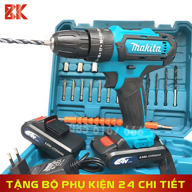 Máy Khoan Pin MAKITA 24V – Tặng phụ kiện 24 chi tiết – Khoan, Bắt vít, Khoan bê tông – Pin 5 CeLL