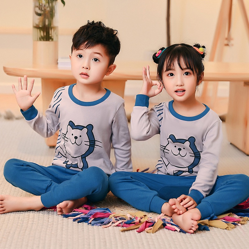 Bộ Đồ Ngủ Tay Dài Chất Cotton In Họa Tiết Hoạt Hình Thời Trang Thu Đông Xinh Xắn Cho Bé Gái 100-160cm