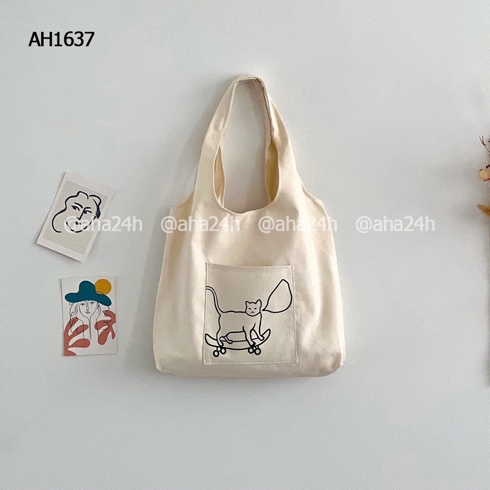 Túi tote đi chơi vải canvas đeo vai giá rẻ có túi nhỏ in hình đẹp