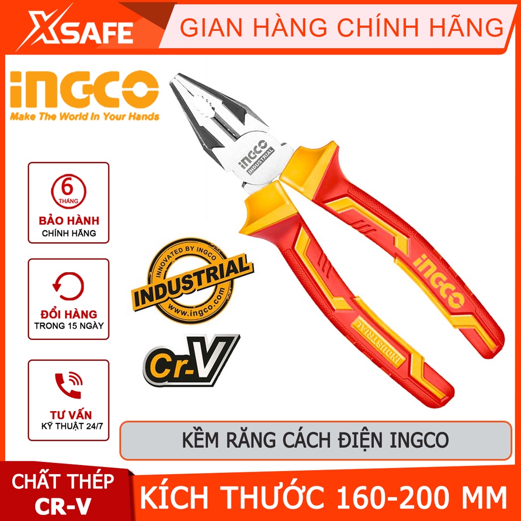 Kìm răng cách điện INGCO 3 kích thước 6"/7"/8" Kìm cách điện đầu kềm được mạ đen và đánh bóng, tay cầm cách điện 1000V