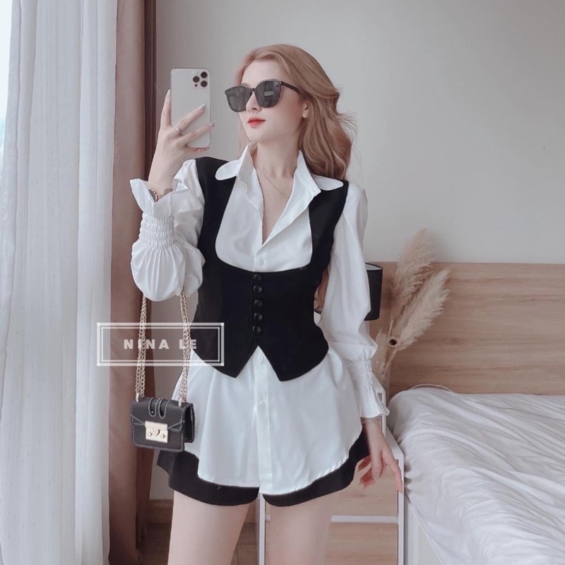 [ CHUBBY BIGSIZE ] Set Áo Sơmi Mix Áo Gile Cá Tính