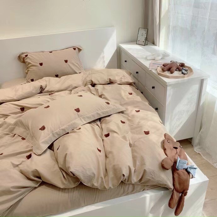Bộ Chăn Ga Gối Teddy Bear Đũi Mềm Mại Luna Bedding