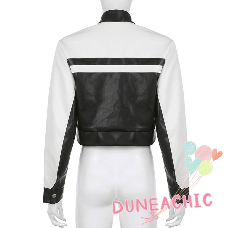 Áo khoác DUNEA da PU dài tay cổ cao phối khóa kéo phong cách đường phố cá tính cho nữ