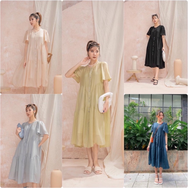 Váy baby doll cộc tay vải tơ nhũ cao cấp, Đầm maxi xòe bồng phong cách Hàn Quốc kèm váy 2 dây lụa bên trong