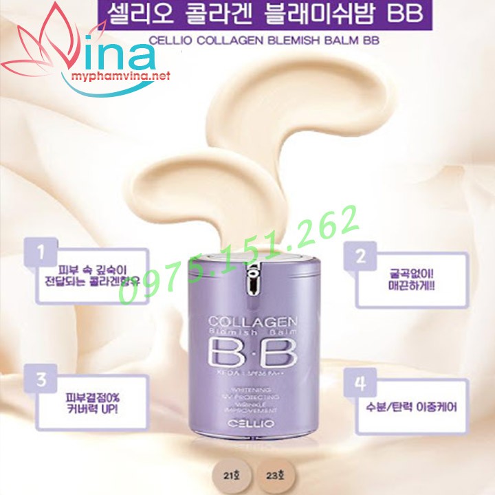 (CHÍNH HÃNG ) Kem nền BB Collagen Cellio 21 Tím