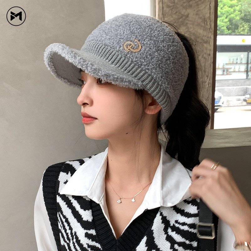 Mũ Lưỡi Trai Dệt Kim Phối Lông Thỏ Co Giãn Giữ Ấm Phong Cách Hàn Quốc Thời Trang Cho Nữ