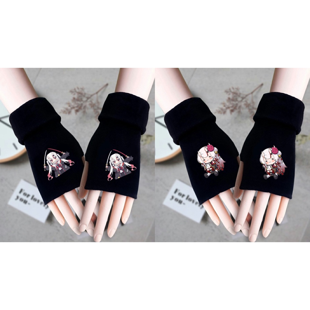 Găng tay len đen in hình AYAME NAKIRI Hololive Vtuber chibi anime thời trang ấm áp xinh xắn