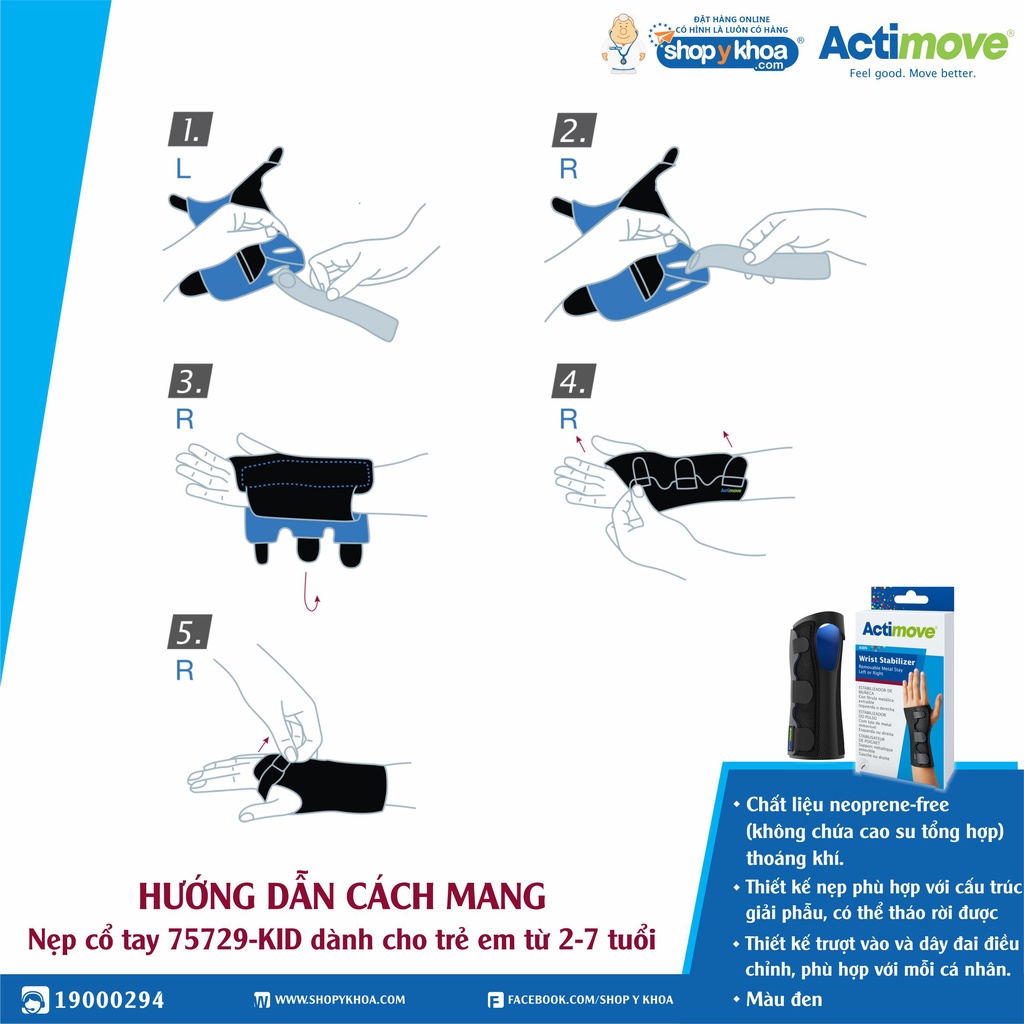 Nẹp Cổ Tay Trẻ Em 2-7 Tuổi 75729-SPO-KID, Tay Trái/Phải, Có Thể Tháo Rời Nẹp, Màu Đen [Actimove] - Nhập Khẩu Châu Âu