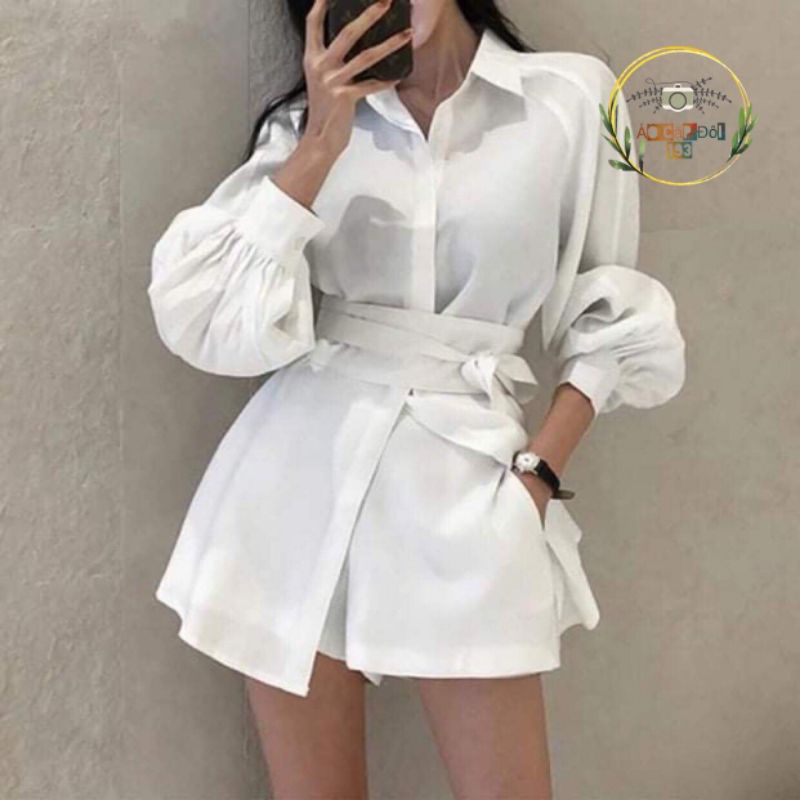 Set bộ: Áo sơmi form dài + thắt lưng obi + Quần short