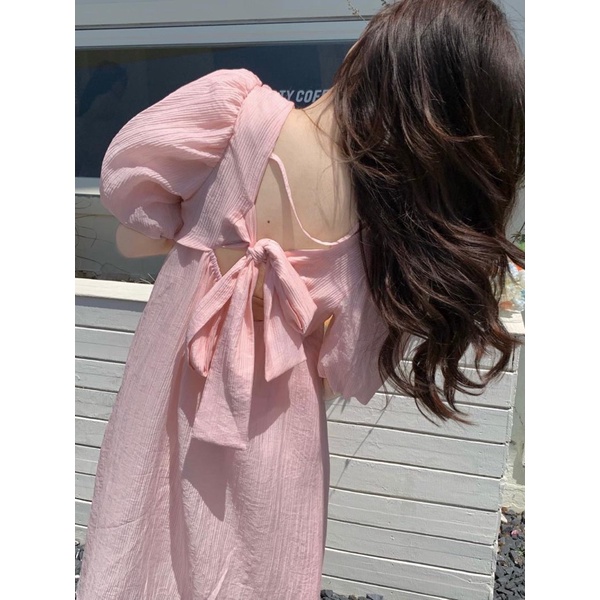 Váy baby doll dáng dài ống tay bồng thắt nơ sau lưng